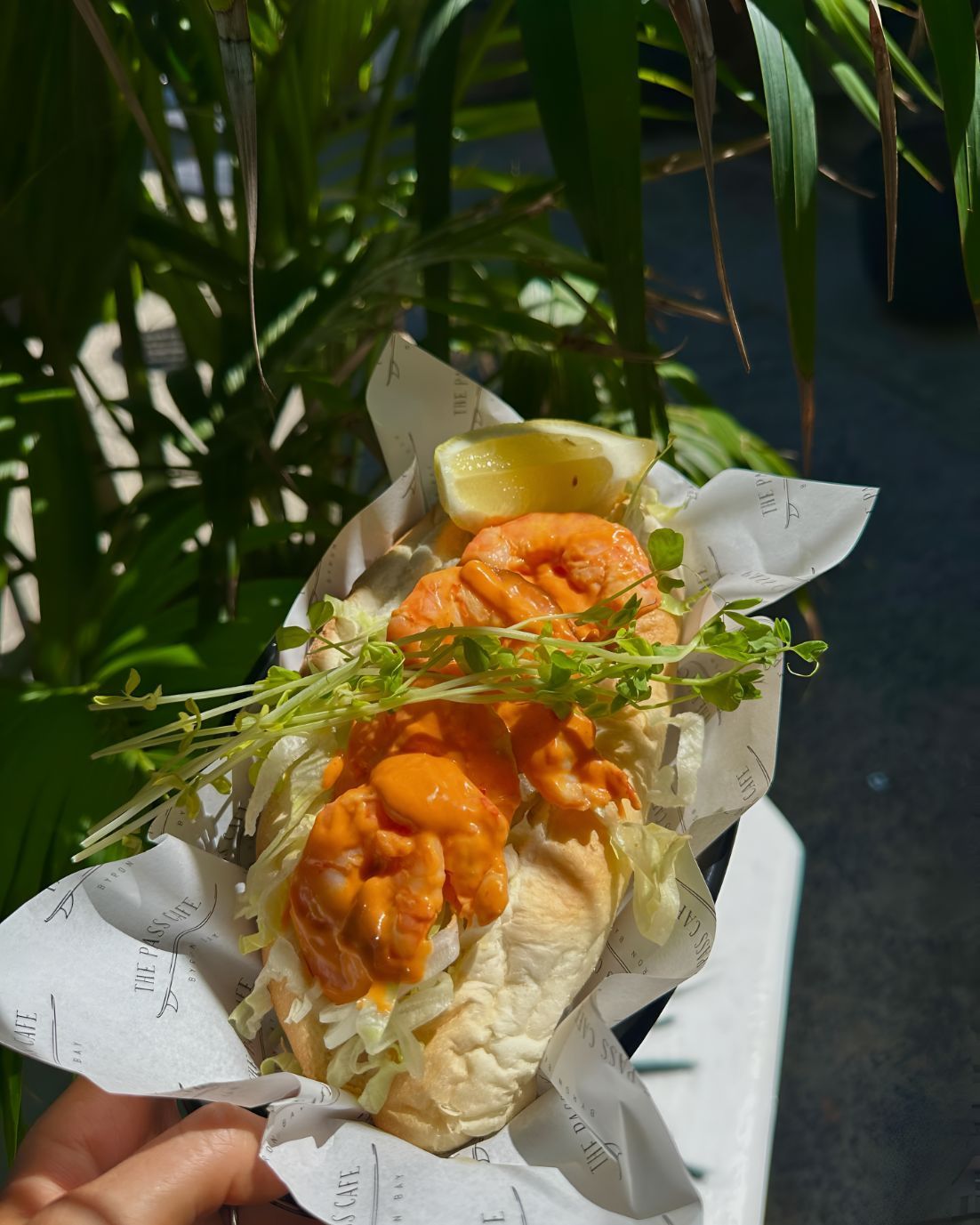 A Person is Holding a Sandwich With Shrimp and Lettuce in Front of a Plant — The Pass Cafe In Byron Bay, NSW
