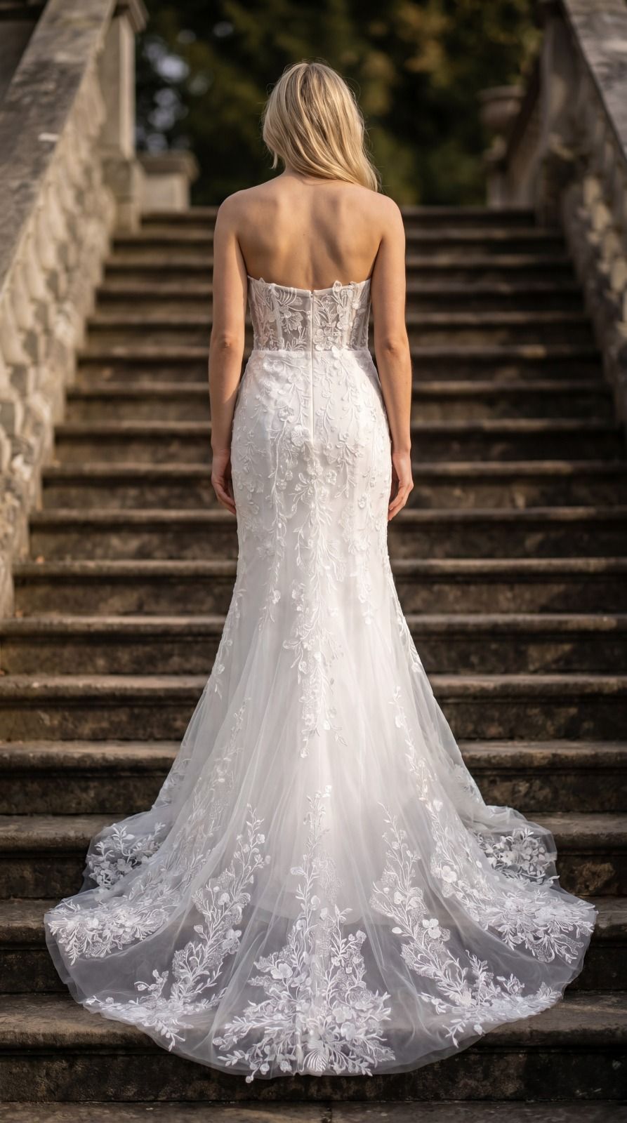 Sweetheart strapless neckline, luxury fit to flare mermaid lace dress illusion bodice with binning. Made of hand stiches and  finished with beaded  embellishments.