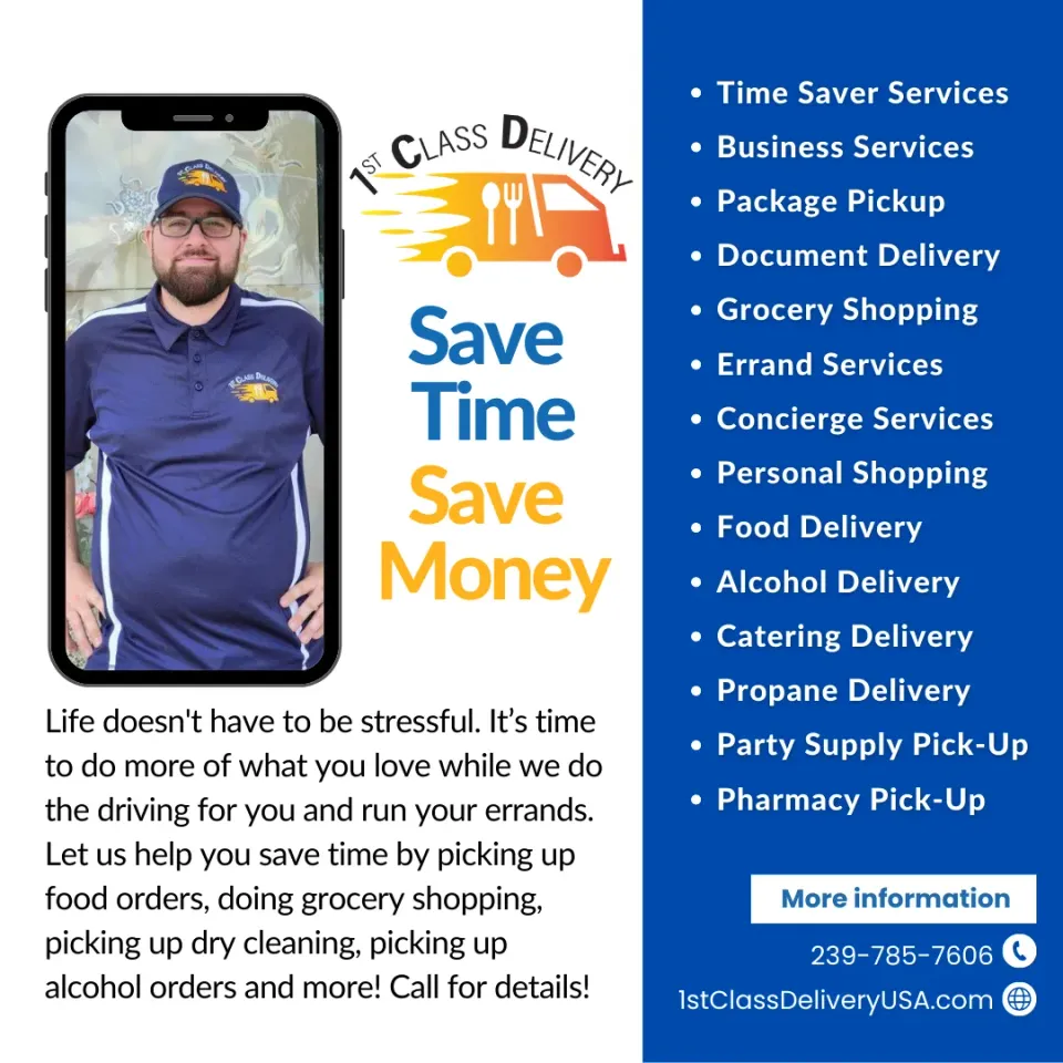 Advertisement for 1st Class Delivery service. Man on phone with services listed in blue.