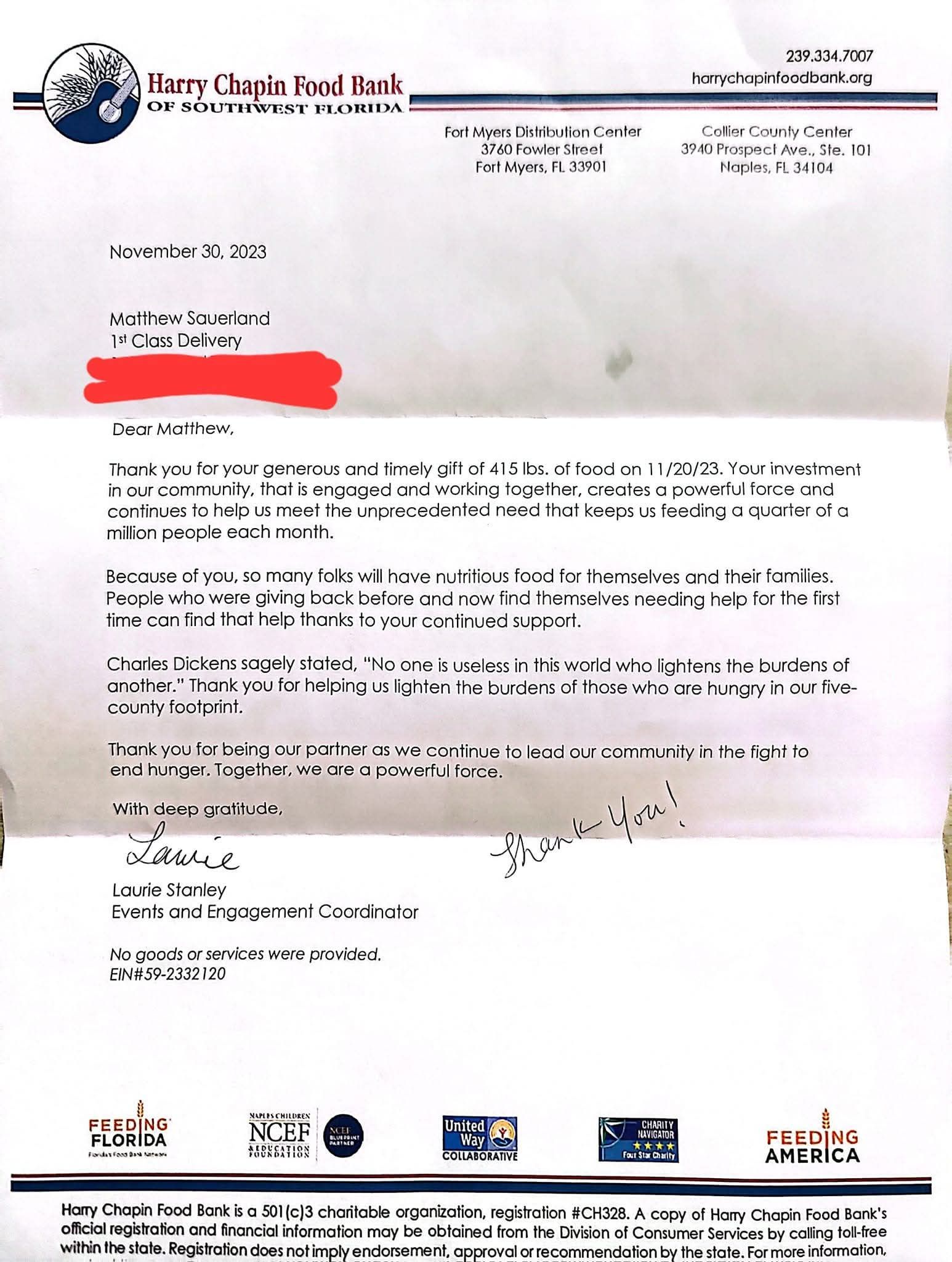 Harry Chapin Food Bank Donation