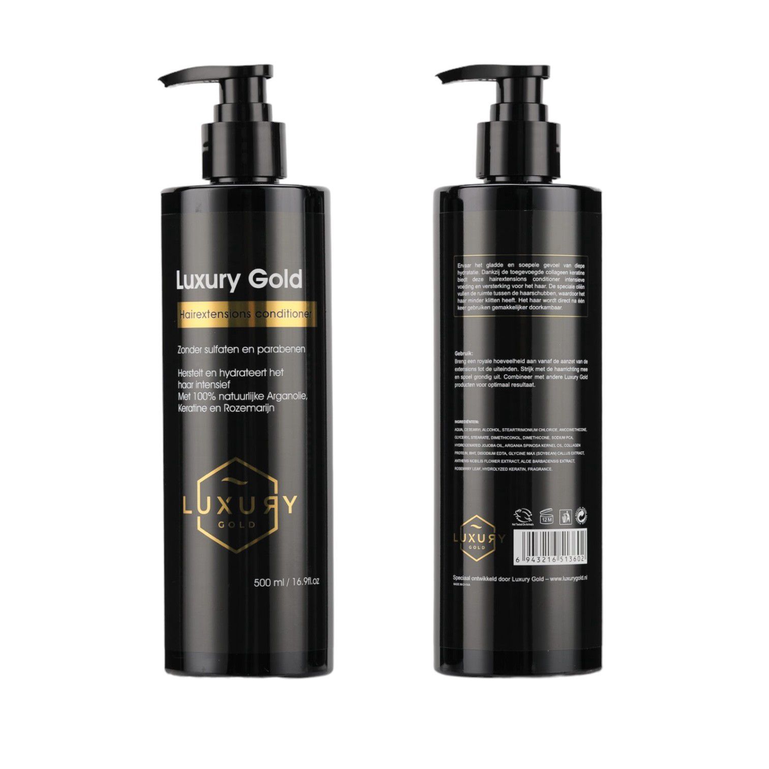 De voor- en achterkant van een fles luxe gouden shampoo.