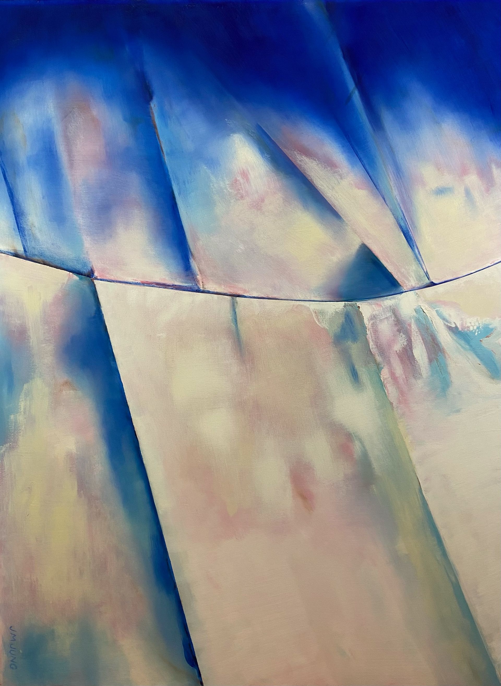 A close-up of a metal bridge, with the reflections of blues and pinks in the dusk Chicago sky in June.