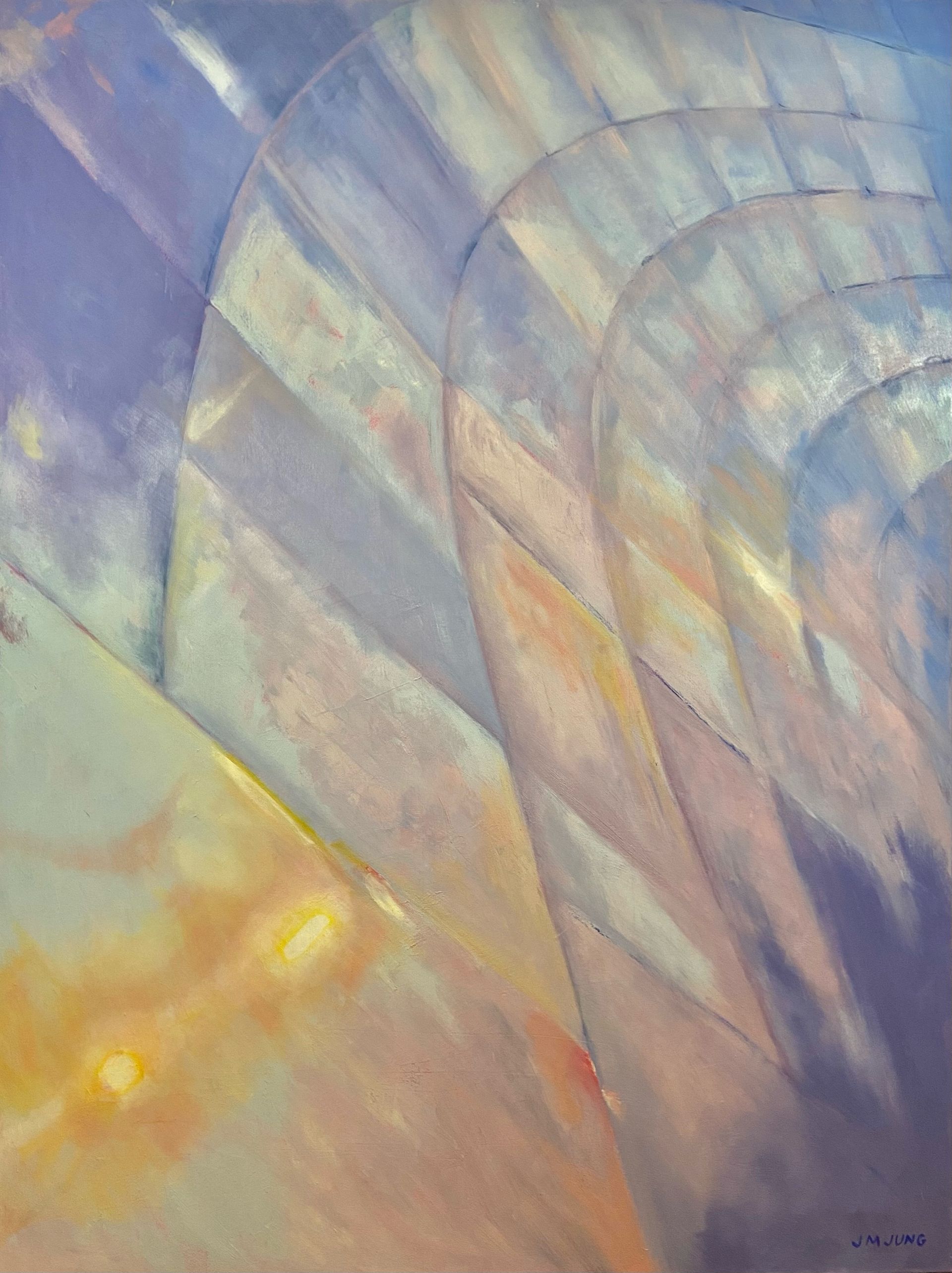 A close-up of a metal bridge, with the purple cast of a July dusk sky in Chicago. 