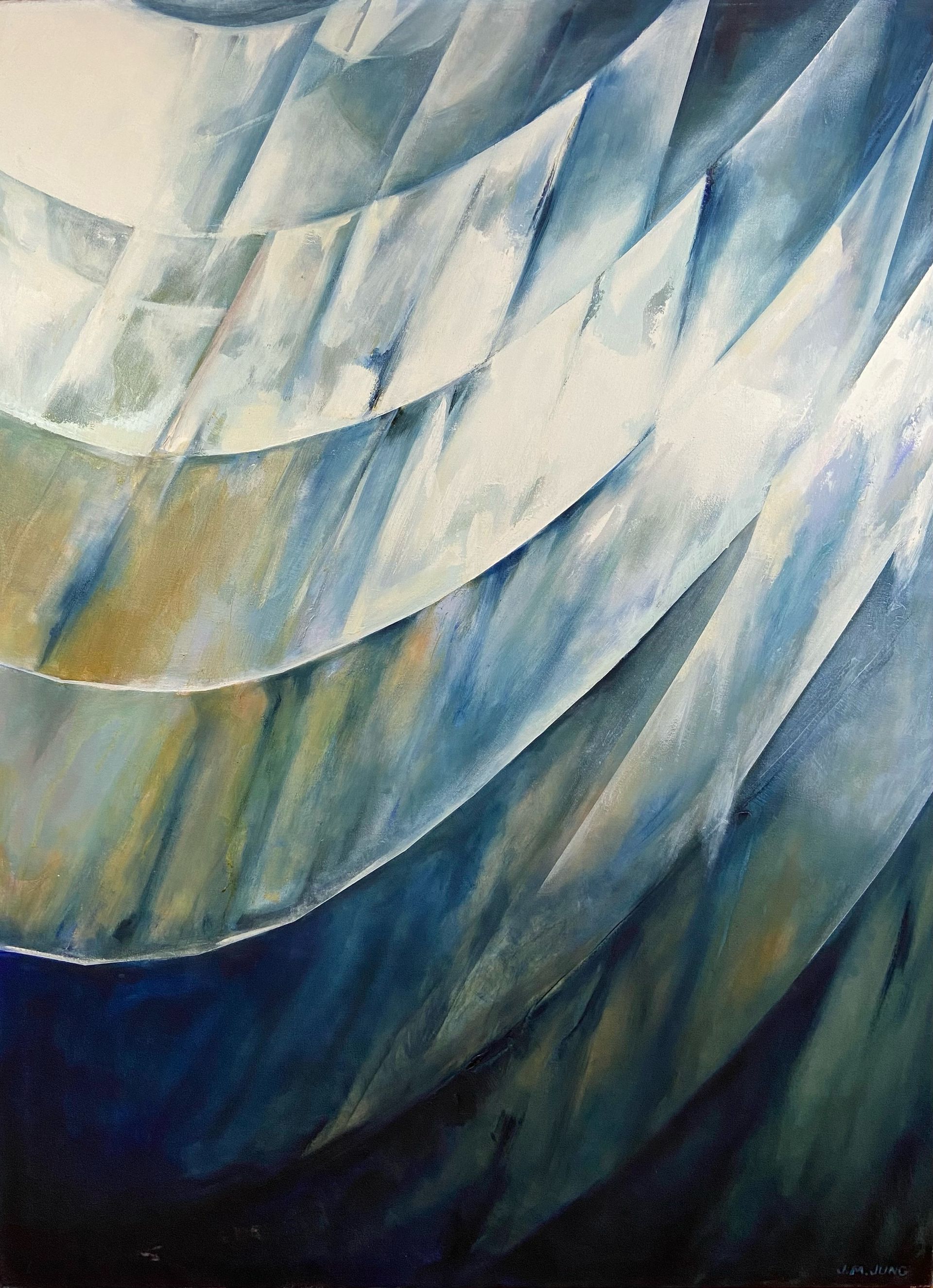A close-up of a metal bridge, with the blue and gray cast of a March Chicago sky. 