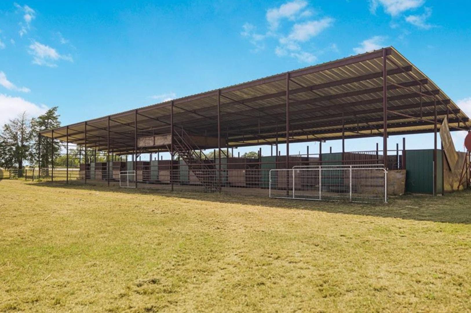 Open-sided livestock barn with metal roof beside a grassy field under a clear sky