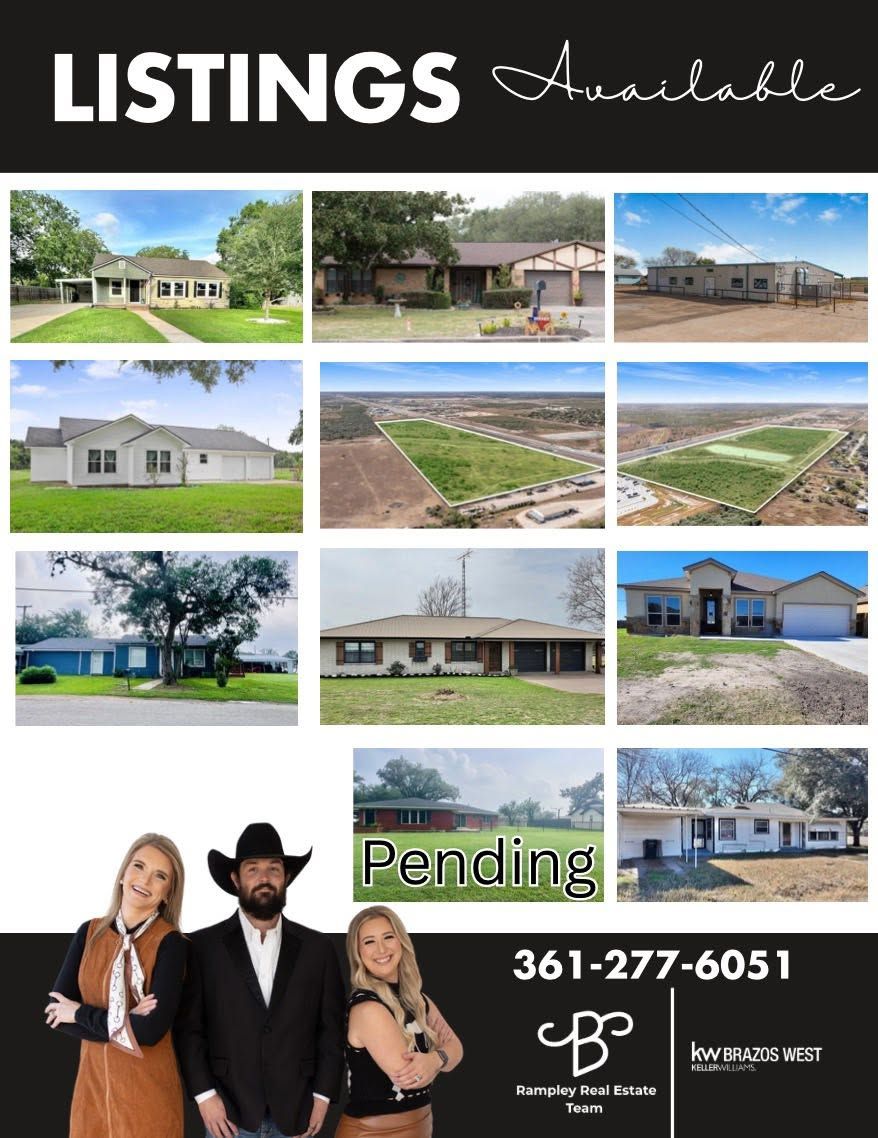 Real estate listings collage with house photos, logo, agent portraits, and phone number 361-277-6051