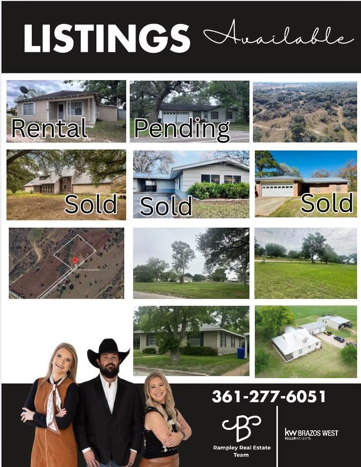 Real estate listings collage with rental, pending, and sold property photos, agent portraits, and phone number 361-277-6051