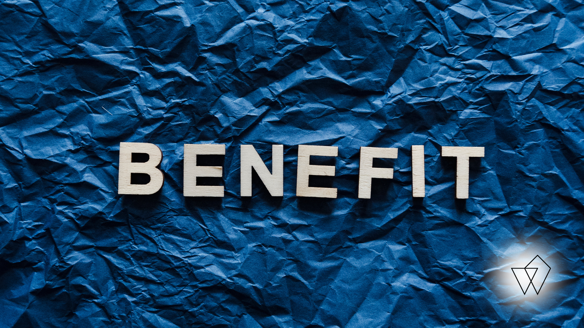 “BENEFIT” in bold white letters on a wrinkled blue textured background, with a small glowing icon in the bottom right.