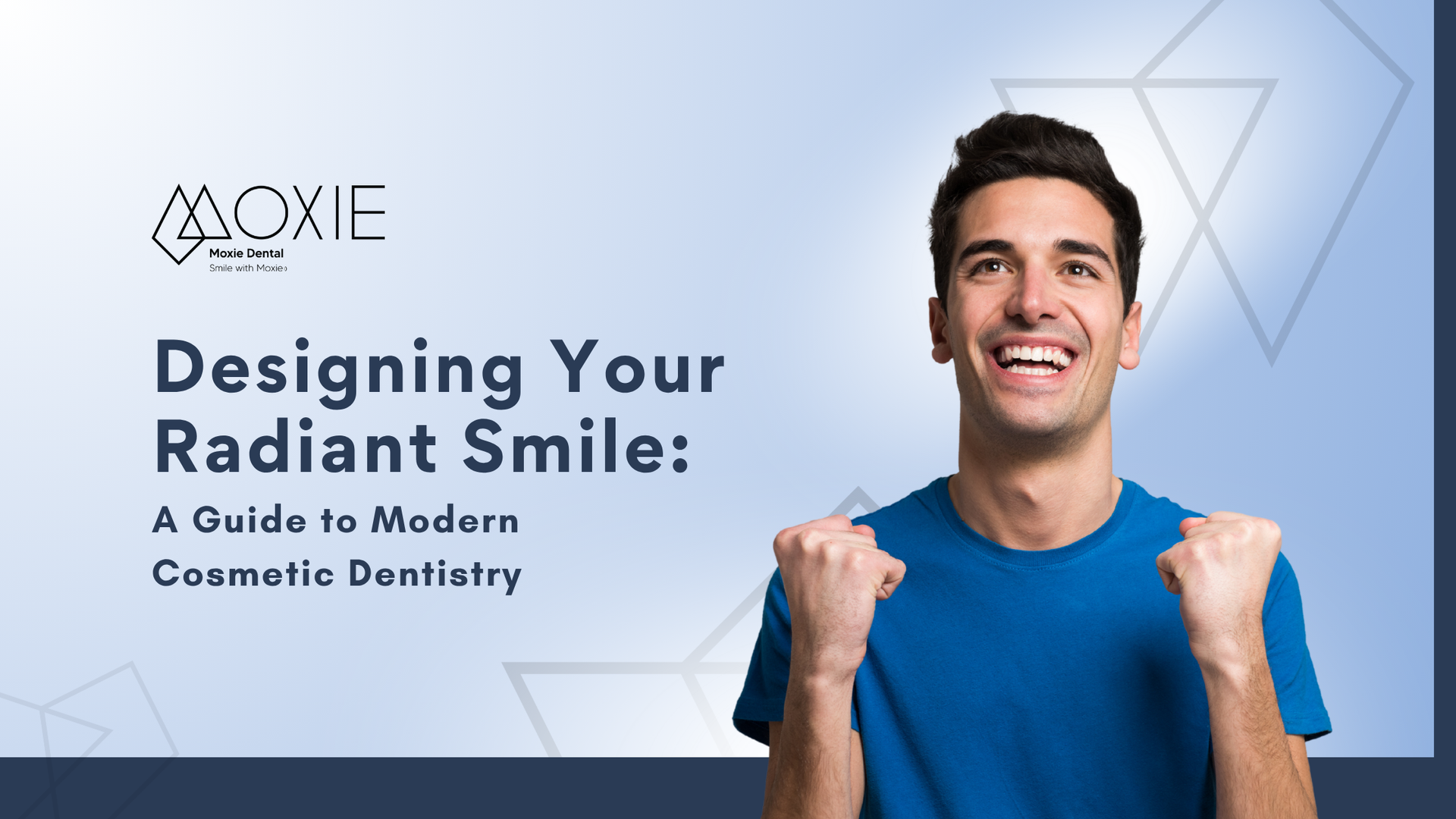 Cosmetic dentistry ad with smiling man in blue shirt and text