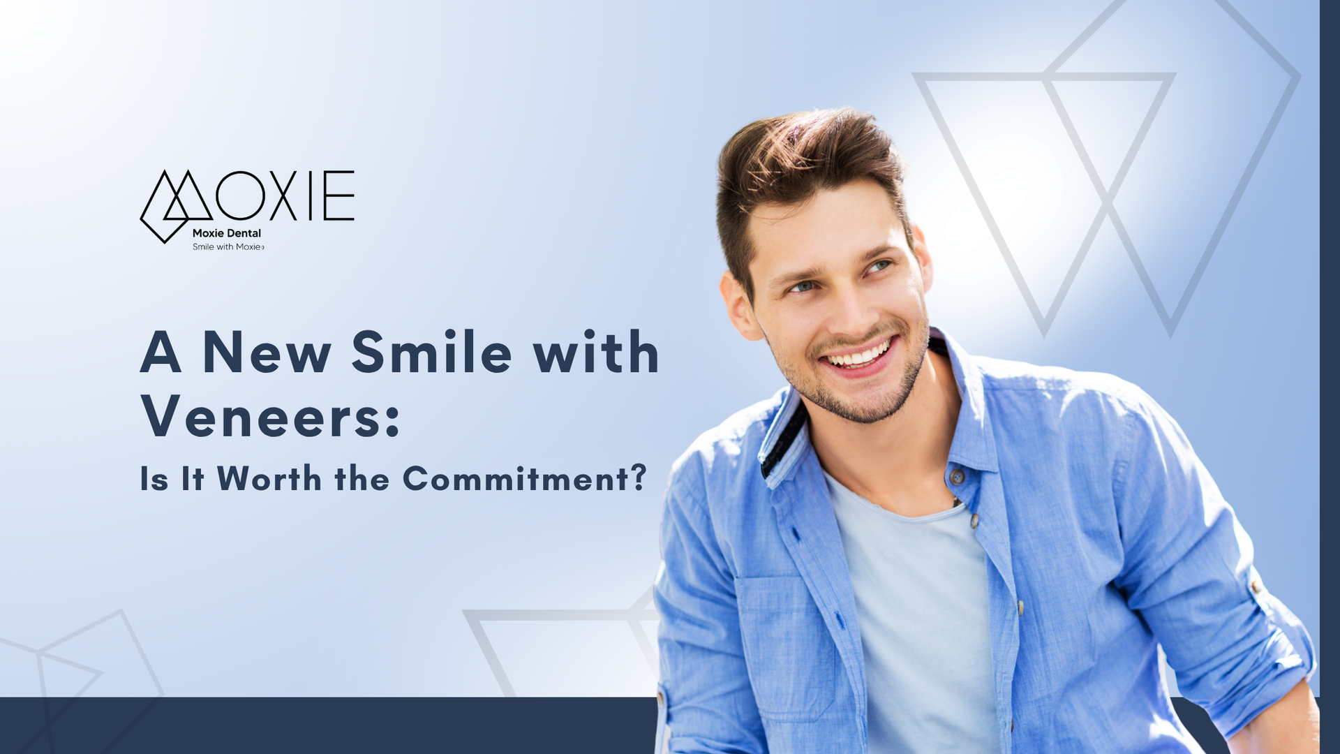 A smiling man in a blue shirt beside text reading “A New Smile with Veneers: Is It Worth the Commitment?”
