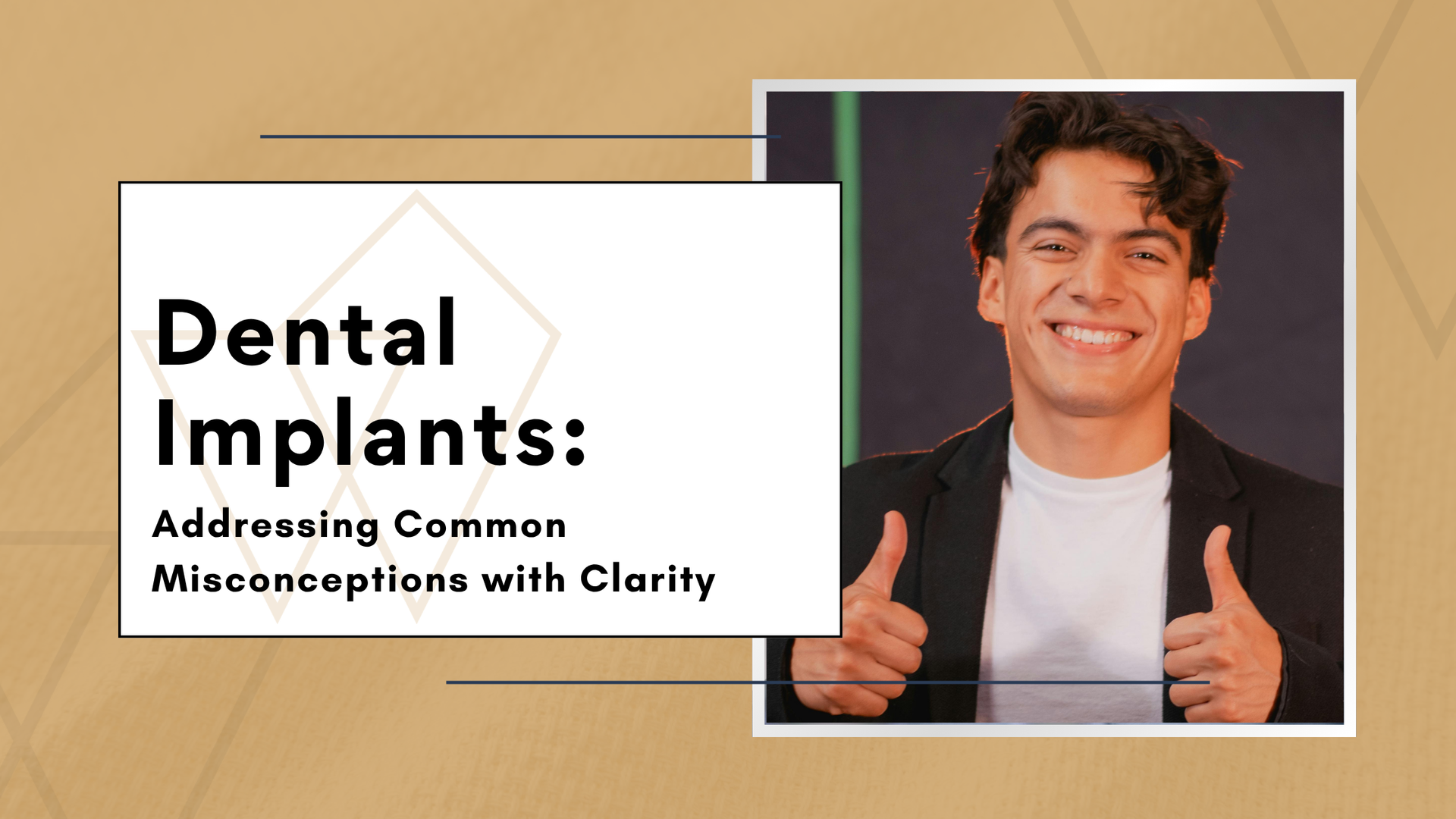 Dental Implants presentation slide with smiling speaker giving thumbs up on a tan background