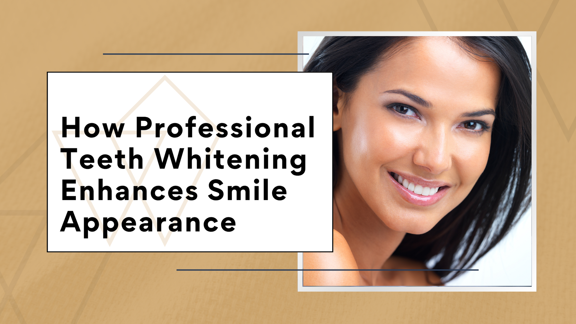 Professional teeth whitening ad with smiling woman and text on a tan background