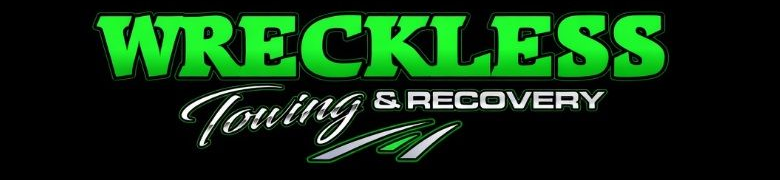 Wreckless Towing & Recovery logo in green and white on a black background with a tow truck graphic