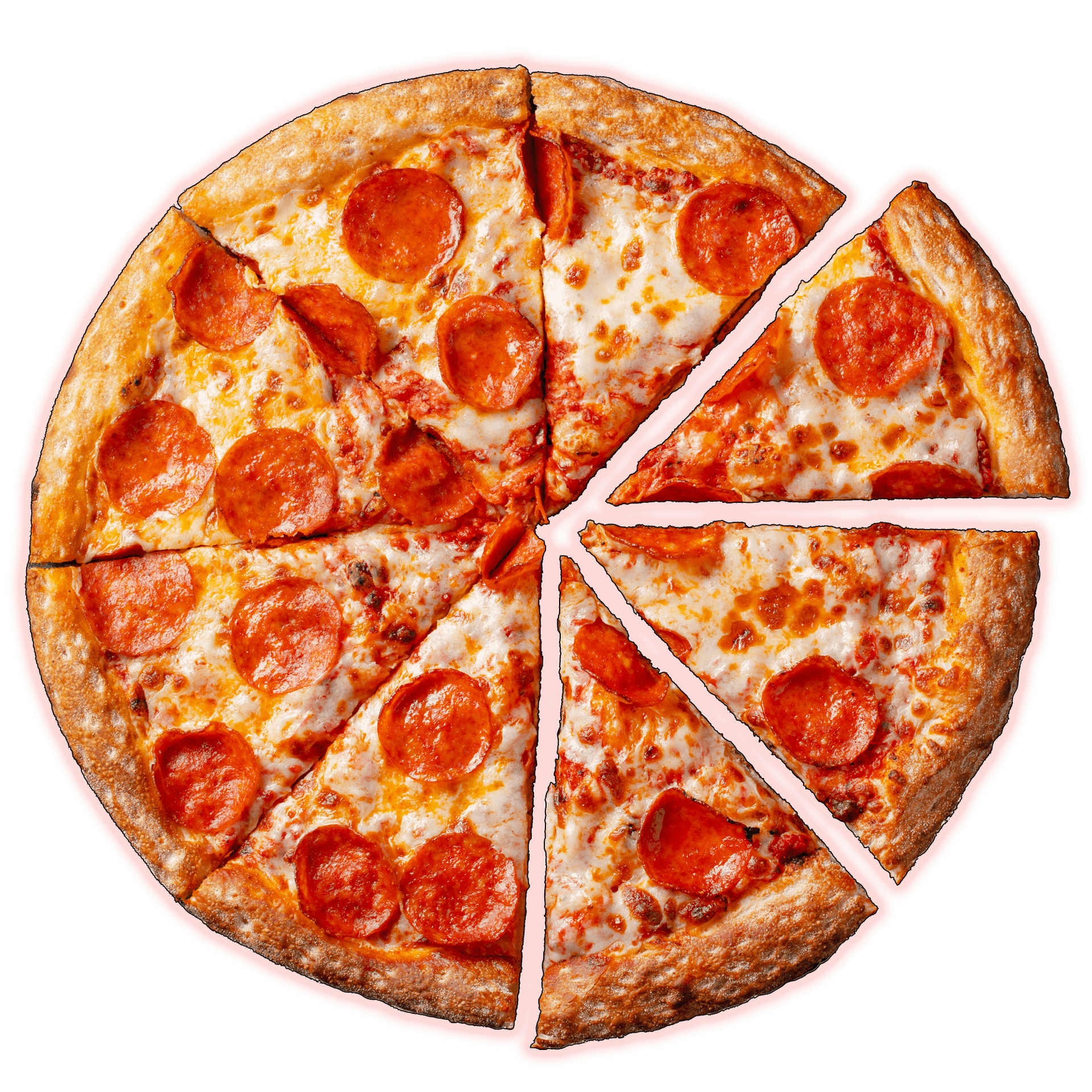 Pepperoni pizza with one slice missing.