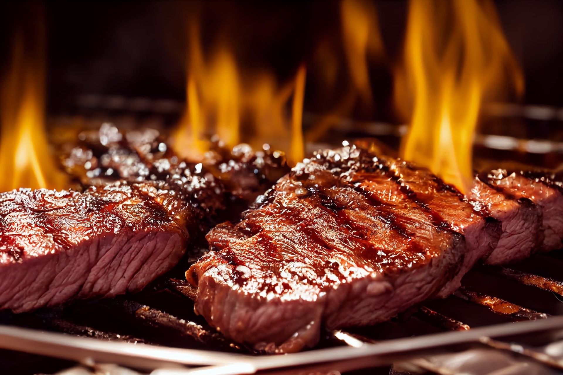 Grilled steaks on a hot barbecue with flames in the background.