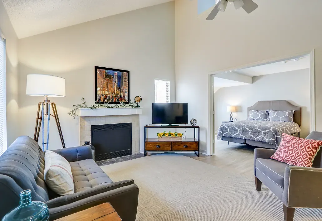 Interior of living room with high vaulted ceilings