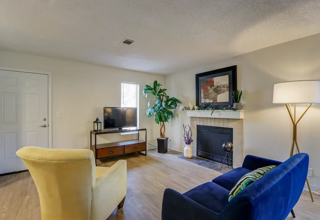 Interior of living room with carpet and large window, house plant