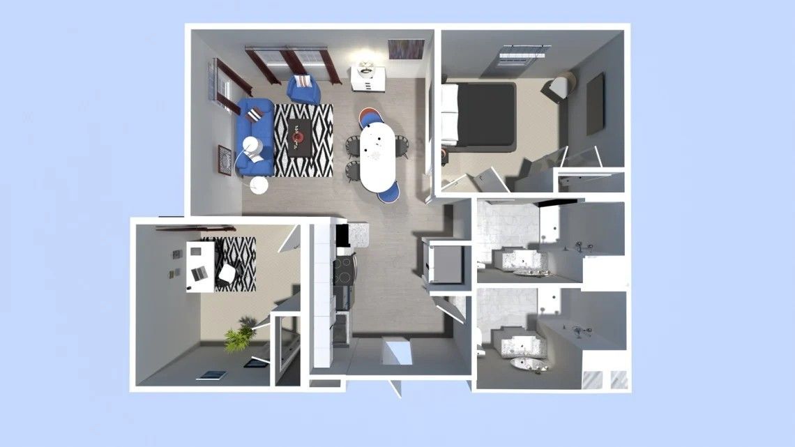 Top-down rendering of a furnished apartment floor plan. Shows living, dining, bedroom, and office spaces.