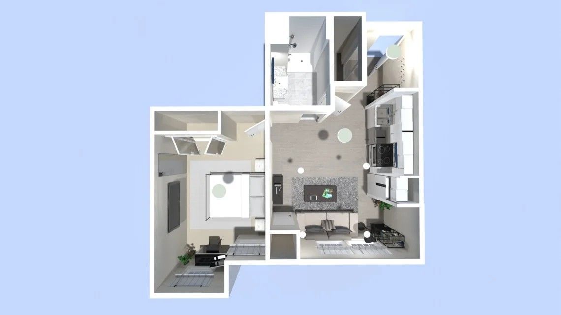 Overhead rendering of a small apartment floor plan; includes bedroom, living area, and bathroom.
