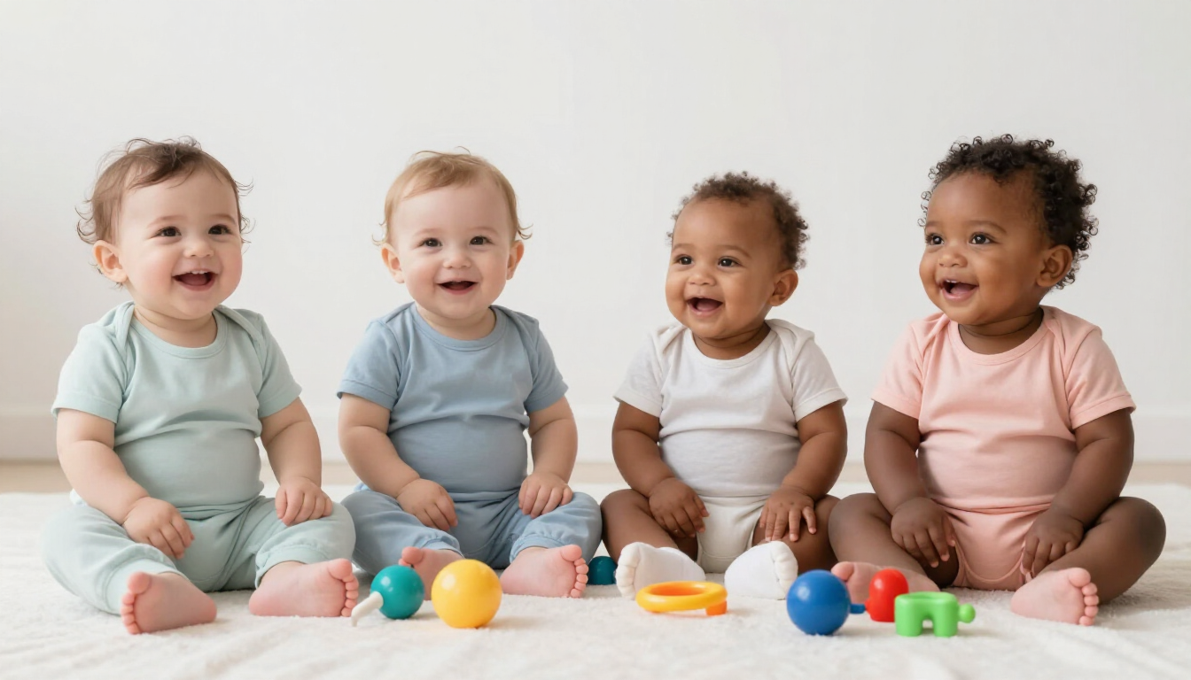 Four smiling babies sitting on a white floor with colorful toy blocks in front of them