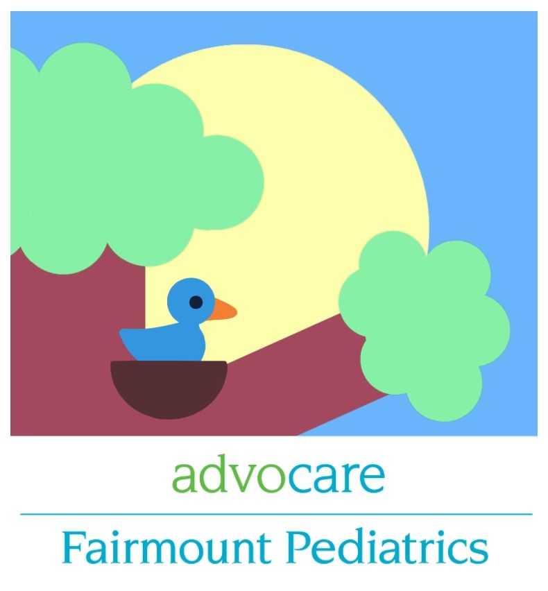 A logo for advocare fairmount pediatrics with a duck in a nest
