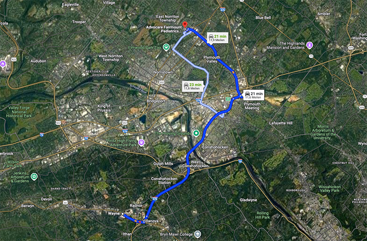 Directions Wayne to Advocare Fairmount Pediatrics