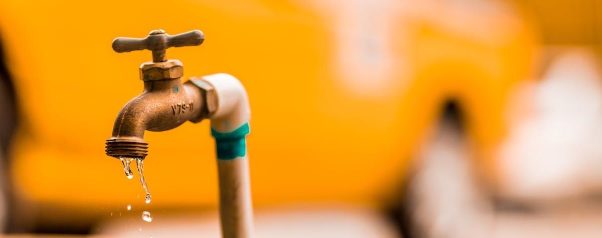 A close-up of a water faucet with water dripping from it. Fix leaking pipes to prevent pests.