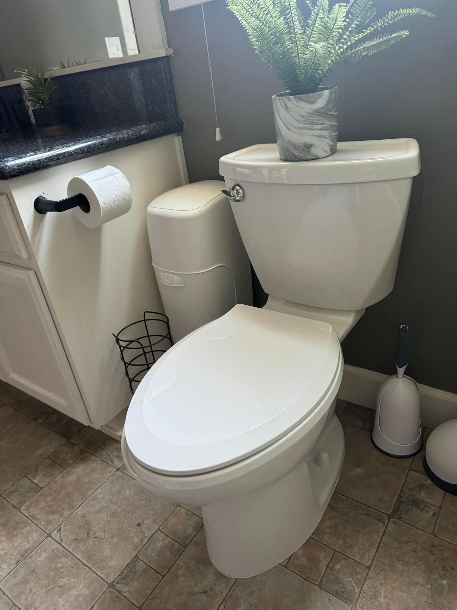 A white toilet in a bathroom with a plant on the tank, a roll of toilet paper on the wall, and a cleaning brush on the floor.