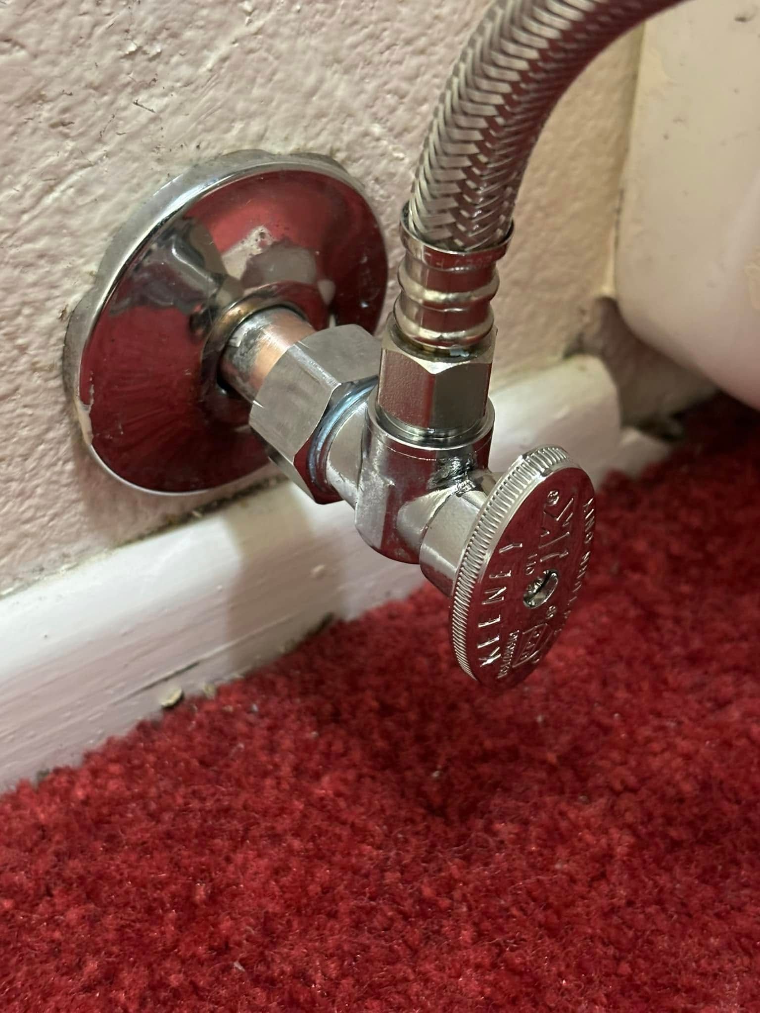 A chrome metal water shut-off valve connected to a flexible hose, mounted on a wall above red carpet.