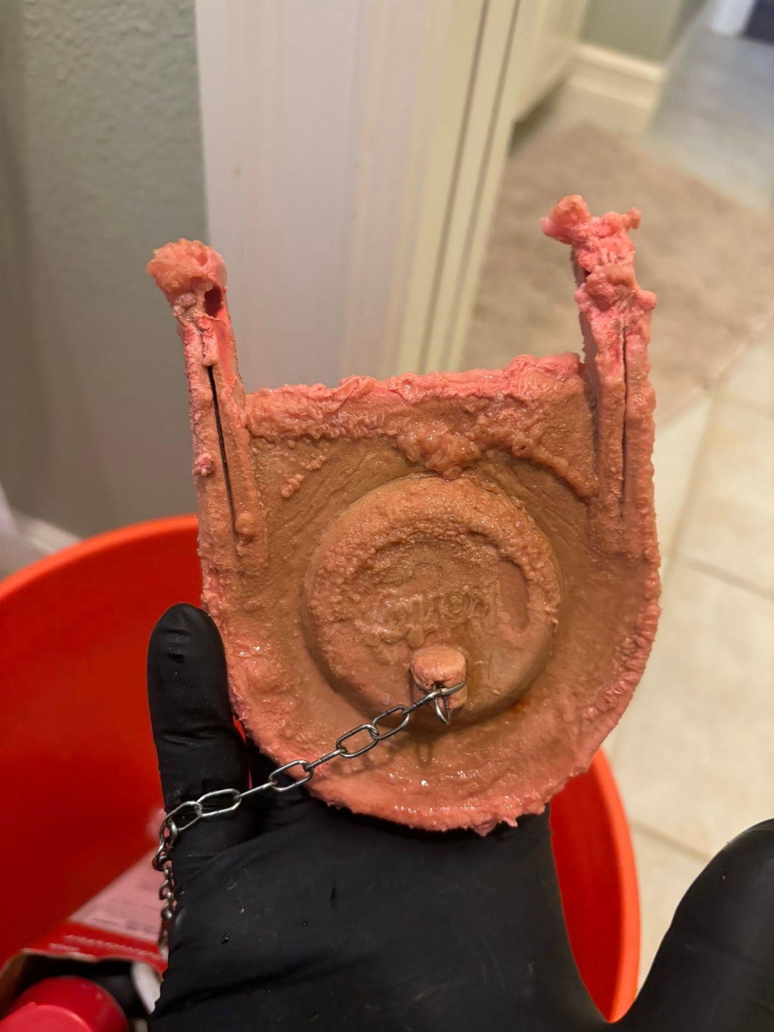 A gloved hand holds a round, pink, mineral-encrusted bathtub stopper with an attached metal chain.