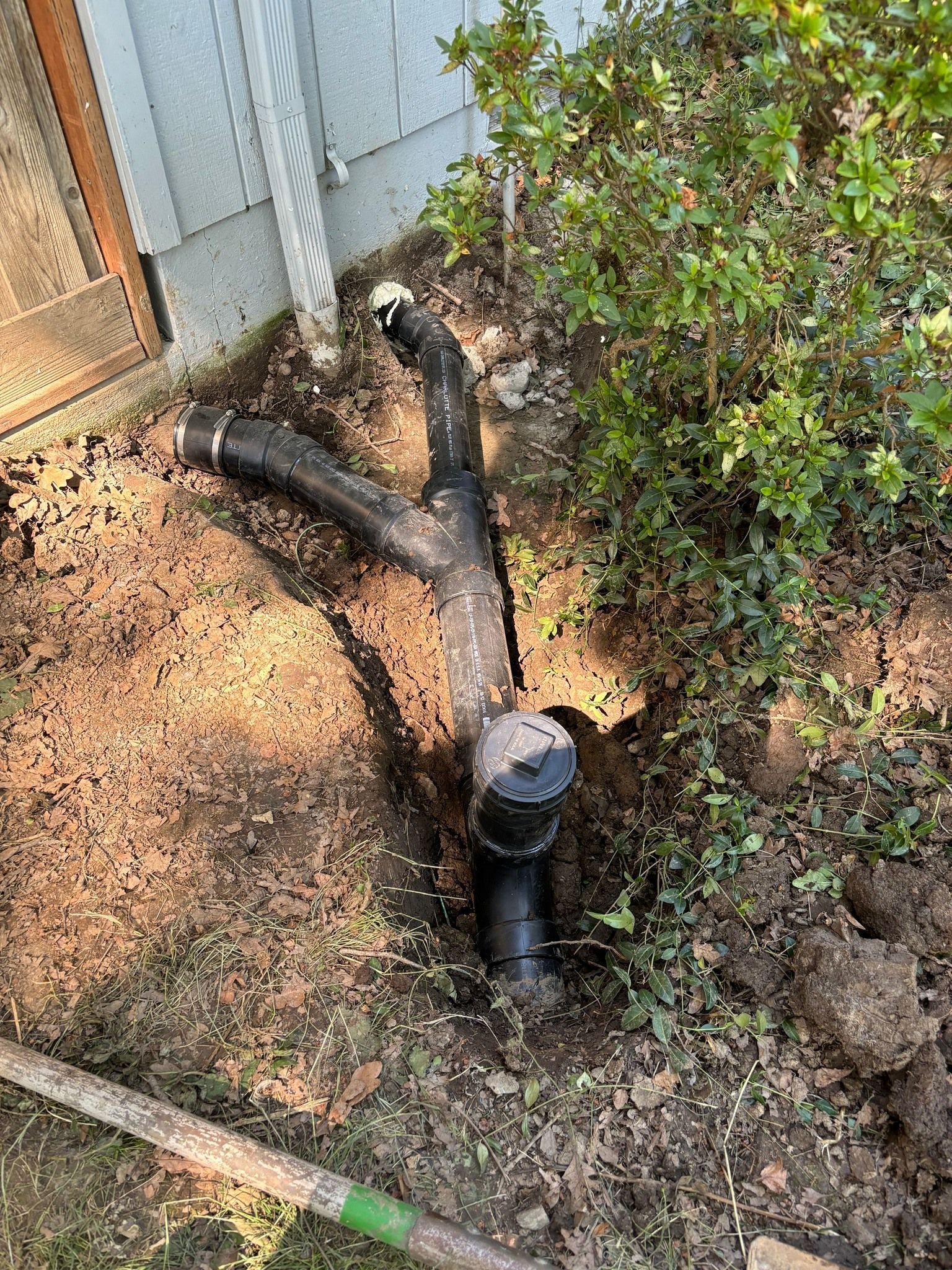 A black PVC plumbing cleanout assembly with a Y-fitting installed in the dirt next to a house foundation and a bush.