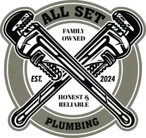 Logo for "All Set Plumbing," featuring crossed pipe wrenches in a grey and white circular badge, established 2024.