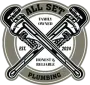 Logo for "All Set Plumbing," featuring crossed pipe wrenches in a grey and white circular badge, established 2024.