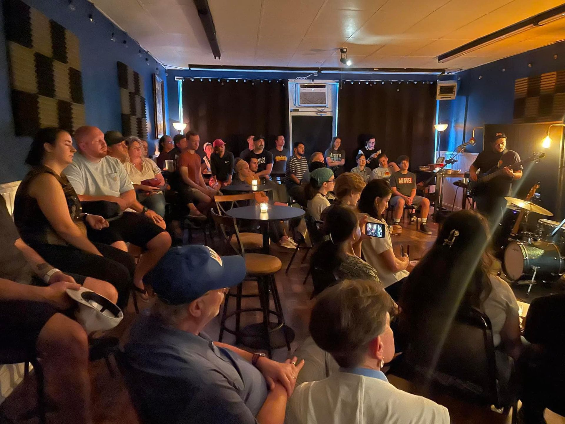 A group of people are sitting in a room watching a concert.