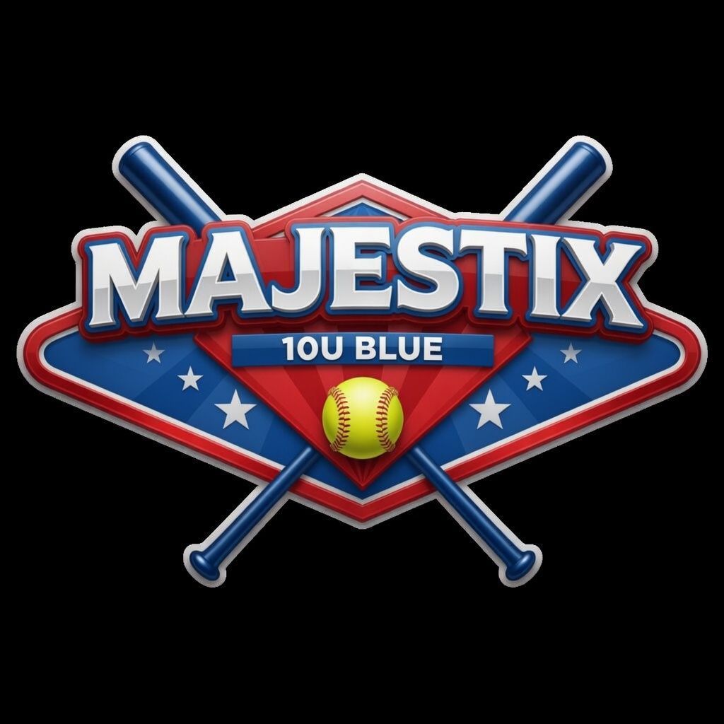 MAJESTIX 10U Blue baseball logo with crossed bats and a baseball on a black background