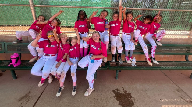Youth softball team in pink jerseys posing on bleachers at a field, some smiling and waving.