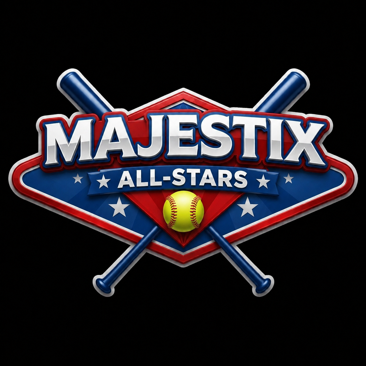 Majestix All-Stars baseball logo with crossed bats, stars, and a baseball on a dark background