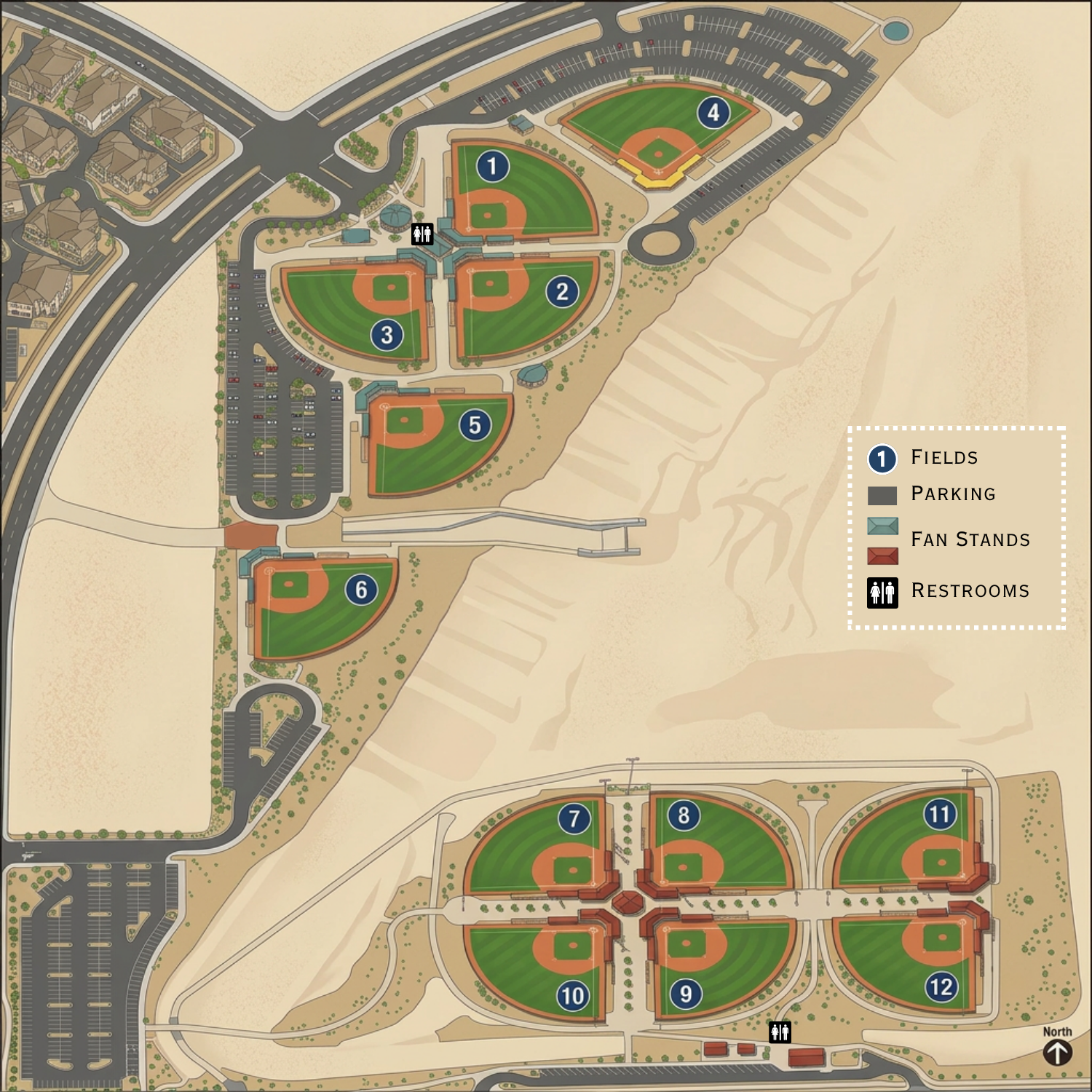 Map of a desert sports complex with multiple baseball fields, roads, and a lower rectangular field layout