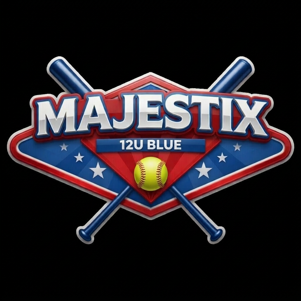 MAJESTIX 12U Blue baseball logo with crossed bats and a ball on a red and blue shield background