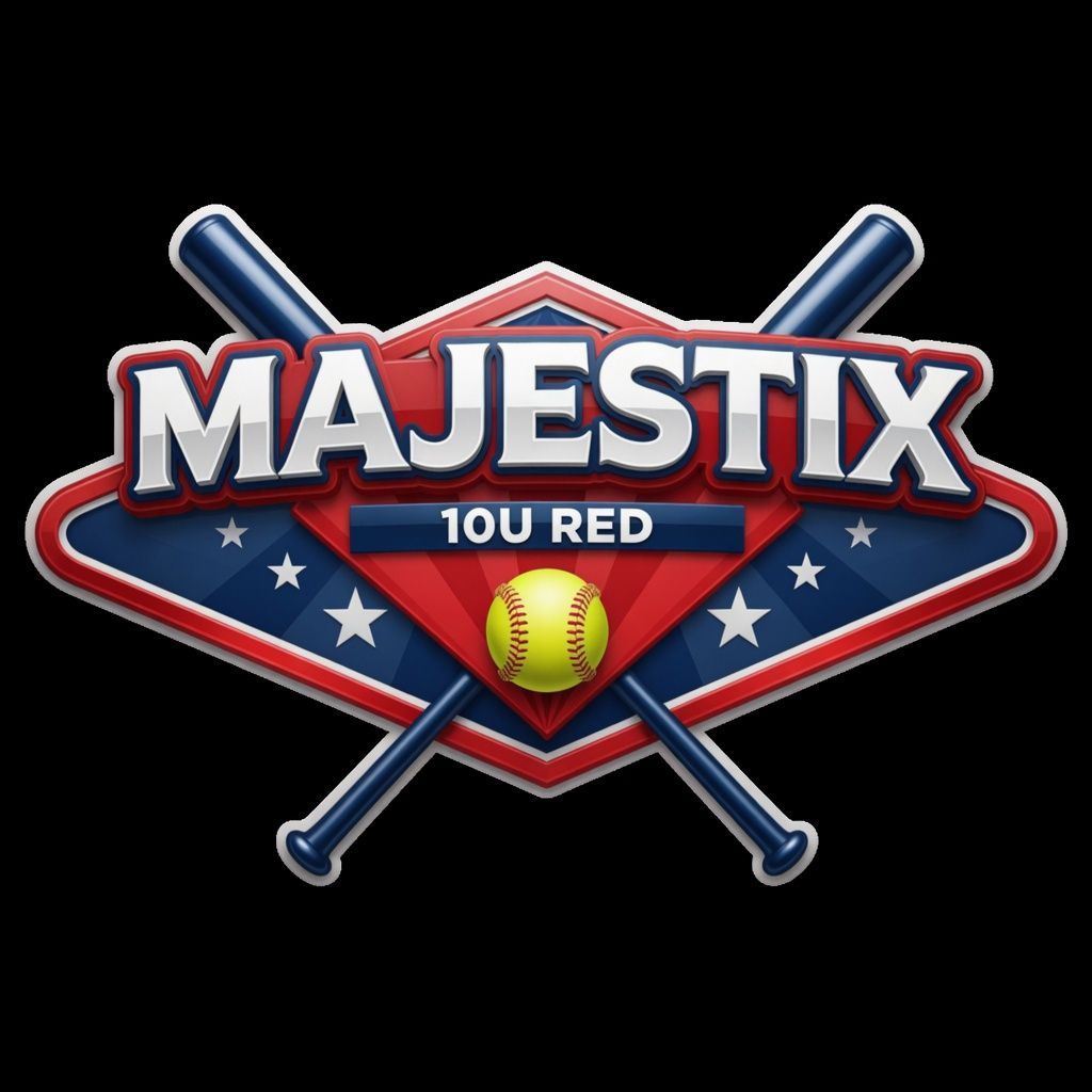 Majestix 10U Red baseball logo with crossed bats, stars, and a softball on a black background