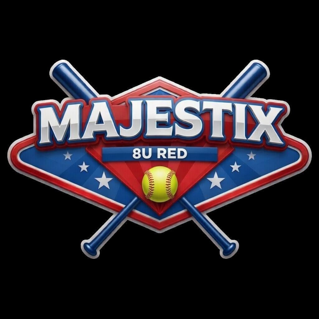 Majestix Bu Red baseball logo with crossed bats, baseball, and red-blue shield