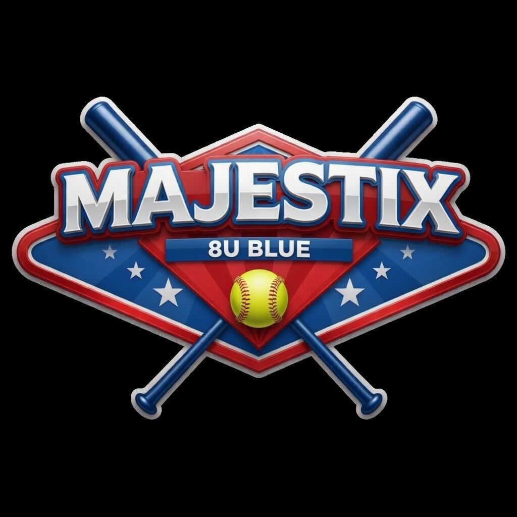 MAJESTIX 8U Blue baseball logo with crossed bats and a baseball on a black background