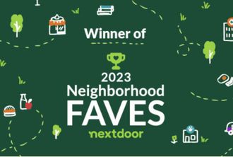 Winner of 2023 Neighborhood Faves by Nextdoor on a dark green background with small neighborhood icons