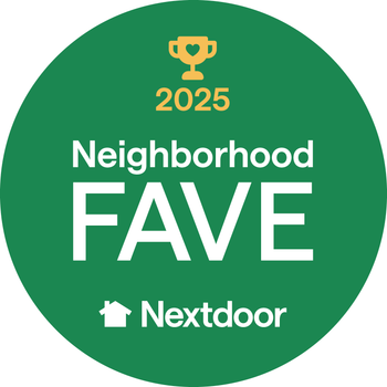 Green circular Nextdoor badge reading “2025 Neighborhood FAVE” with trophy icon.