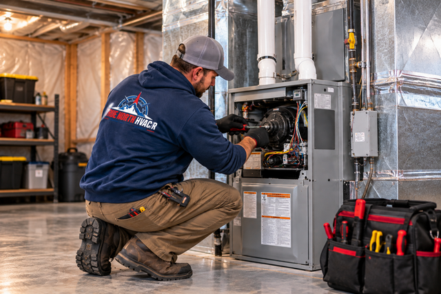 Technician kneeling to repair a furnace in a basement, with tools and equipment nearby.