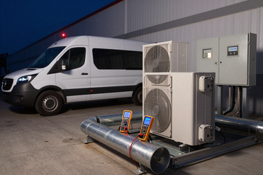 White cargo van beside outdoor HVAC units and ducts at a warehouse loading area