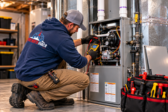Technician kneeling beside an open HVAC unit, using a multimeter in a utility room.