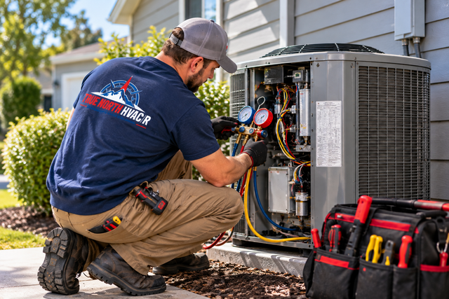 Technician kneels beside an outdoor HVAC unit, using tools beside an open service panel.