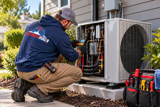 Technician kneeling beside an open outdoor AC unit, inspecting wiring with tools nearby.