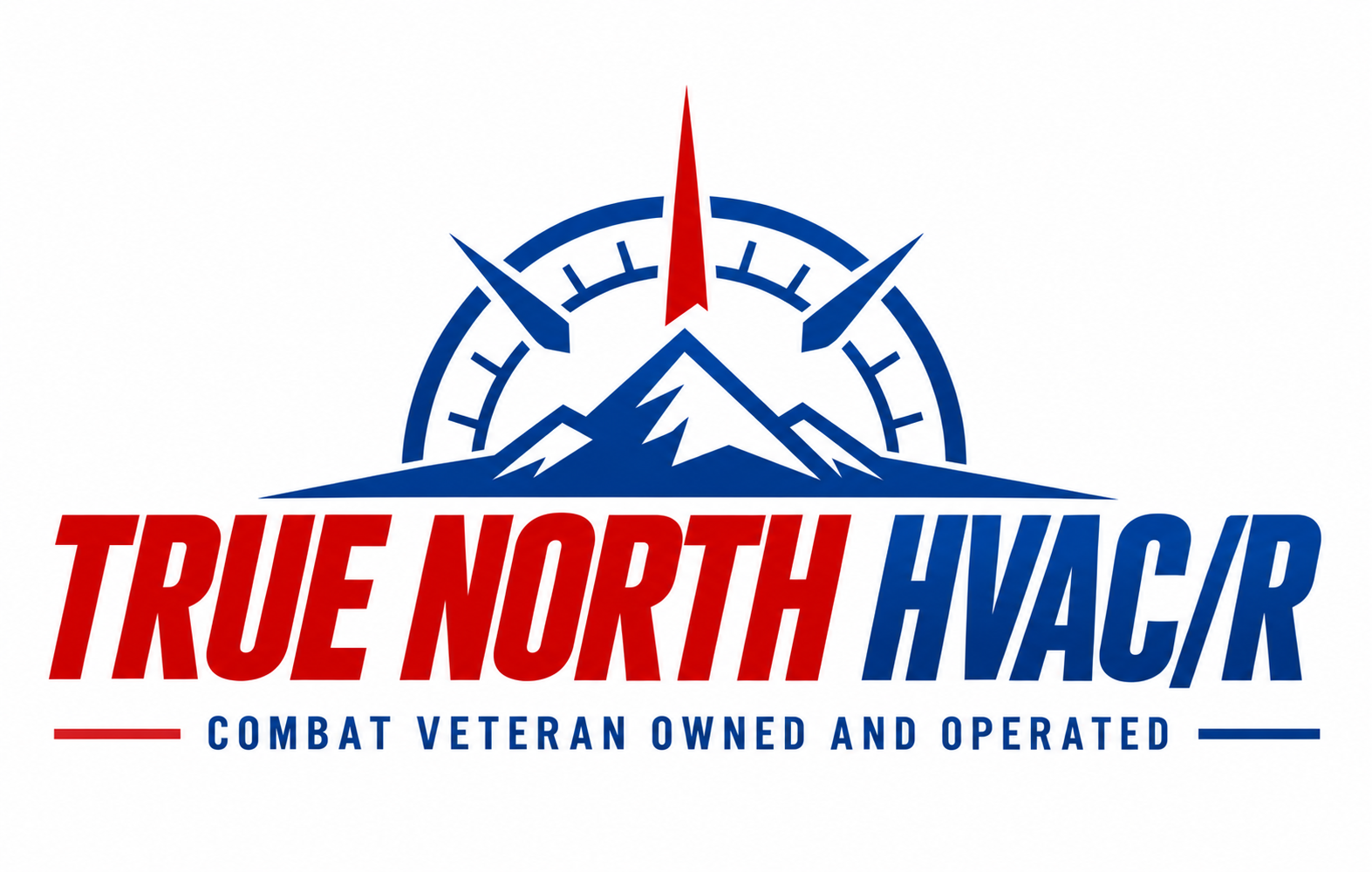 TRUE NORTH HVAC/R logo with blue mountain and red compass, “Combat Veteran Owned and Operated” text